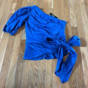 NEW NWT WHBM White House Black Market One Shoulder Poplin Blouse Top Blue Sz 6